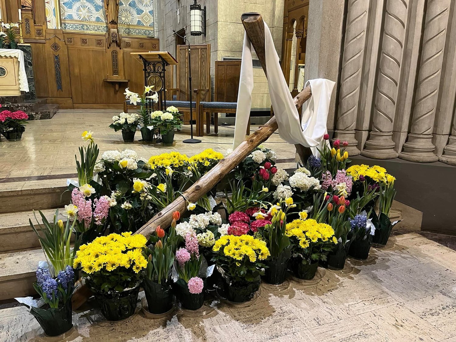 EASTER SUNDAY: Rhode Island’s Catholic churches are filled with flowers and faithful on Easter morning. Pictured: St. John Paul II Church, Pawtucket.